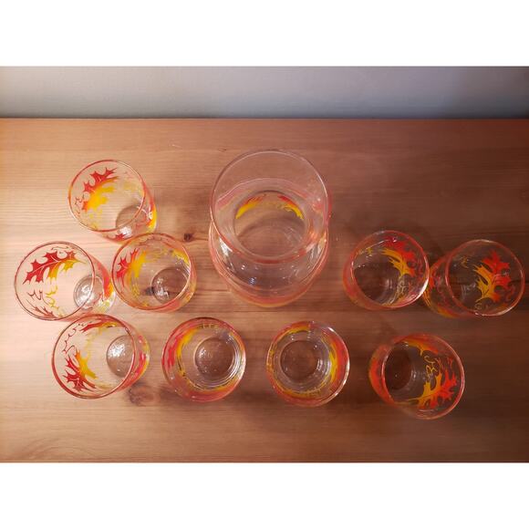 60's Federal Glass Handi-Serv Juice Carafe Pitcher & 9 Juice Glasses Fall Leaves - Picture 3 of 5